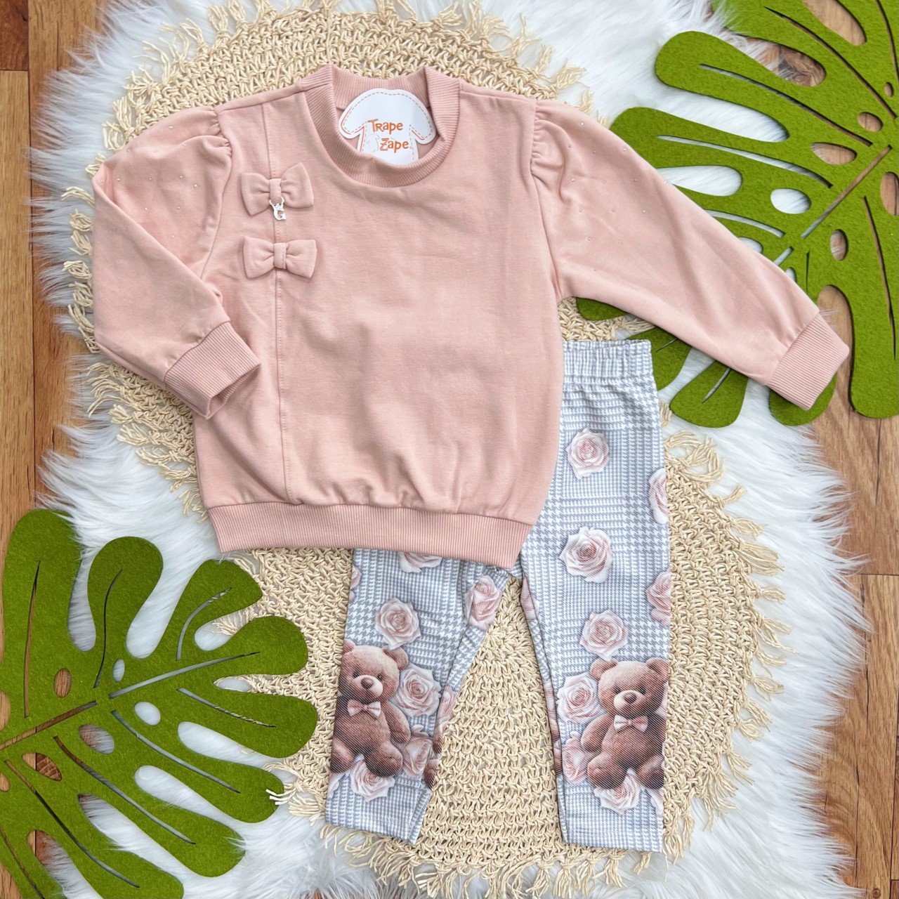 Conj. Blusão de Moletom Dois Laços e Calça Legging Ursinhos - Rose